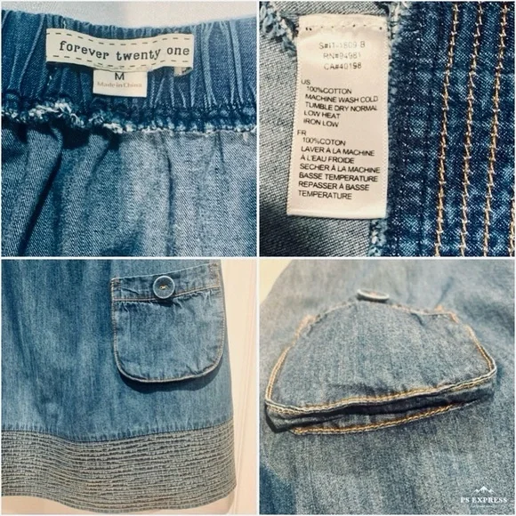 Forever 21 Denim Smock Tunic Top Multi-Row Stitching Detail & Pockets MED EUC - Picture 4 of 6